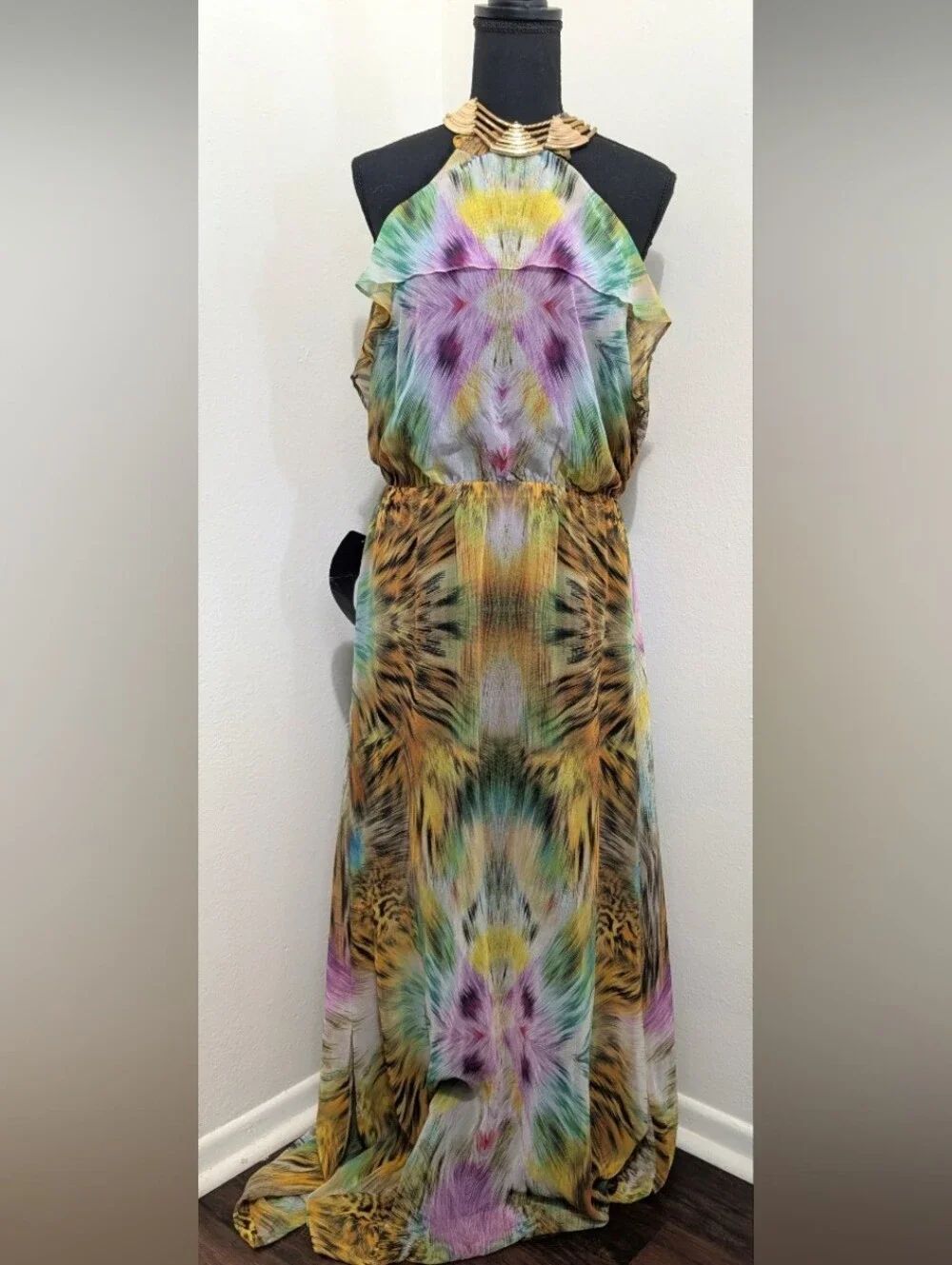Bebe Y2K Floral Jungle Earthy Coastal Bohemian Glam Maxi Dress L